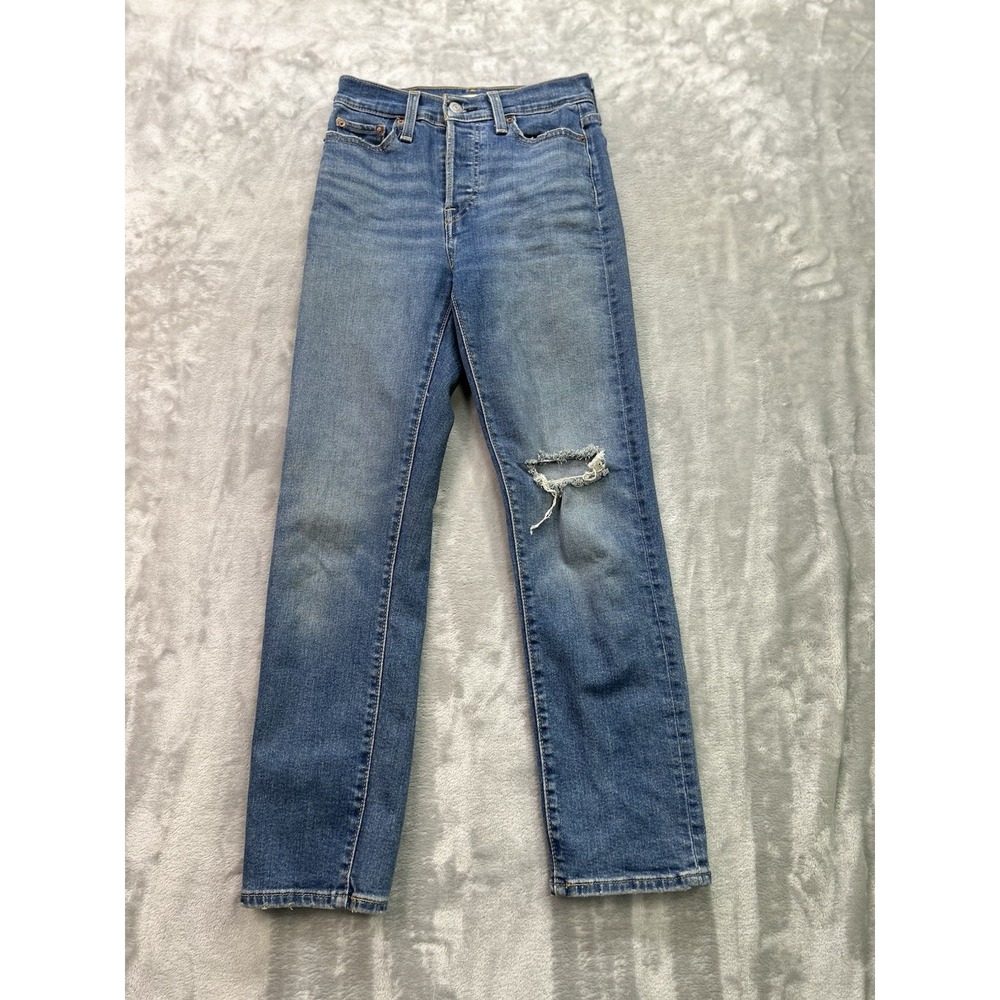 Levis Wedgie Straight Jeans Womens 25 Dark Blue Denim High Rise Chic Button Fly